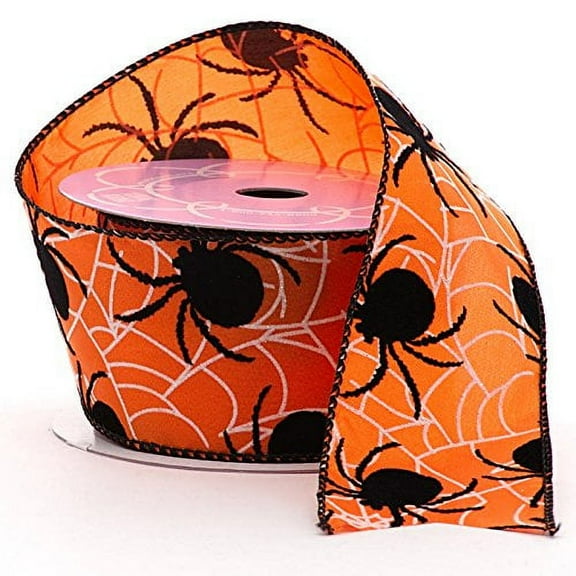Spiders & Webs Halloween Wired Ribbon - 2.5" x 10 Yards, Fall, Orange & Black, Wreath