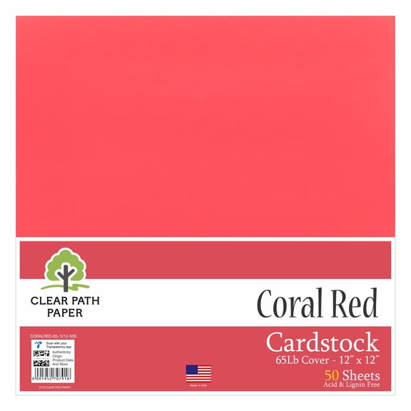 Coral Red Cardstock - 12 x 12 inch - 65Lb Cover - 50 Sheets - Clear Path Paper
