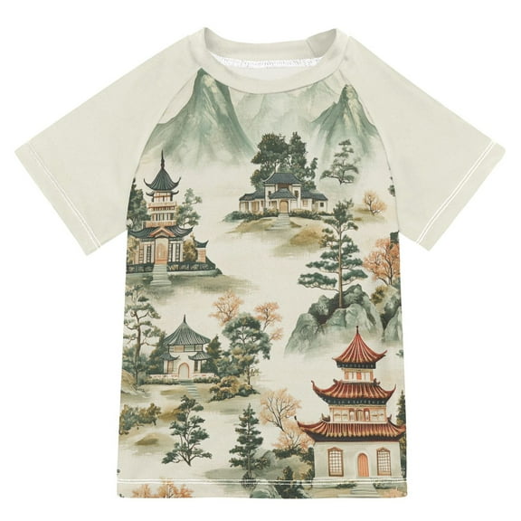 FORMRS Boys Rash Guard with Short Sleeves UPF 50  Swim Shirts Sizes 3-12T, Green Mountain Pattern