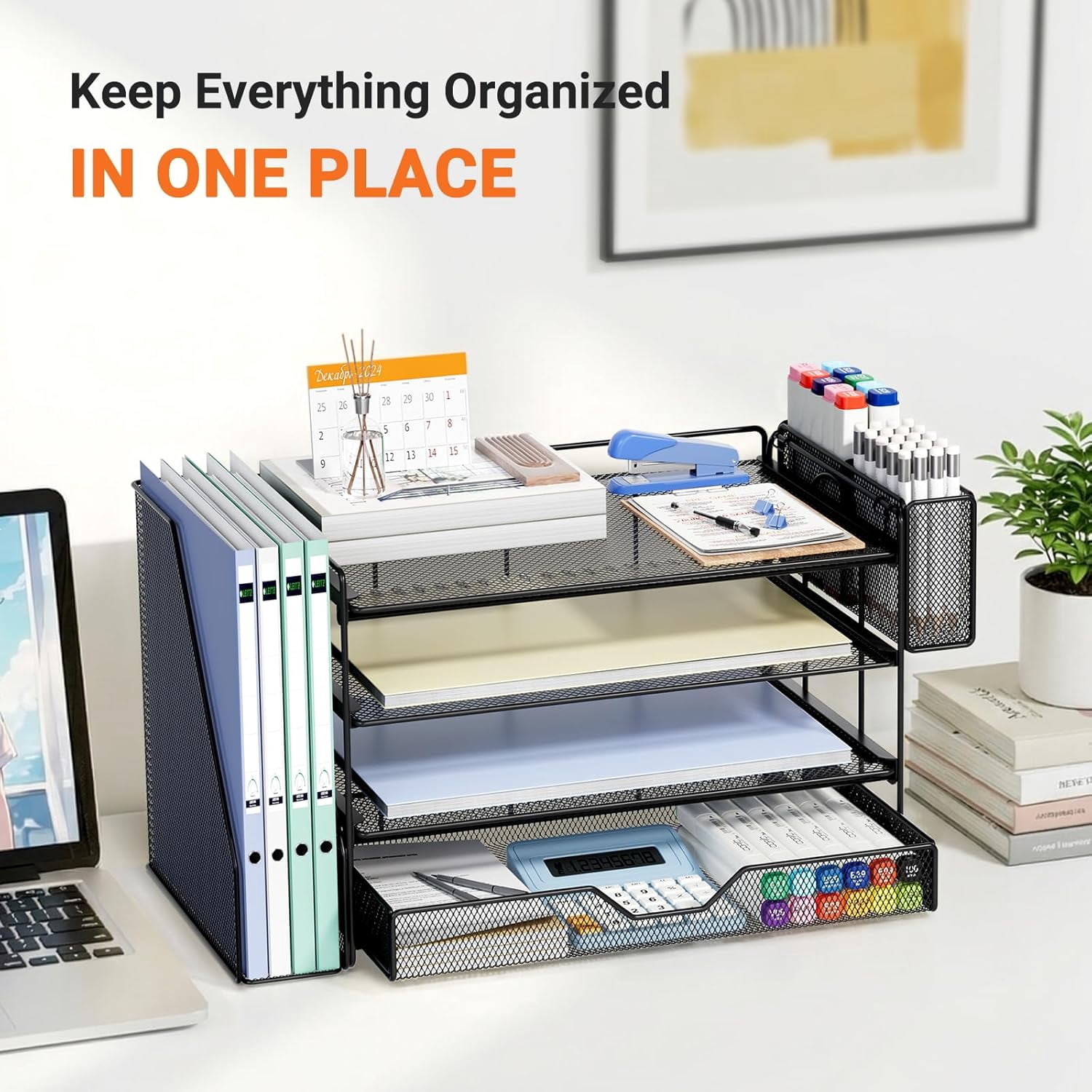 Desk Organizers and Accessories, 4-Tier Workspace Desktop File Organizer with Drawer & Pen Holder, Paper Tray Organizer with File Holder, Office Desk Accessories for Home Office Supplies, Black