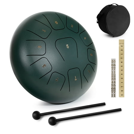 MUSICUBE Steel Tongue Drum Panda Drum 12 Inch 11 Tones Percussion Instruments Yoga Tank Drum with Sticks Green-black