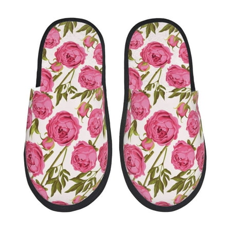 Balery Rose Flowers Slient Indoor Furry Fleece Comfort House Shoes Soft Non-Slip Home Shoes Cotton slippers House Slippers-- Medium