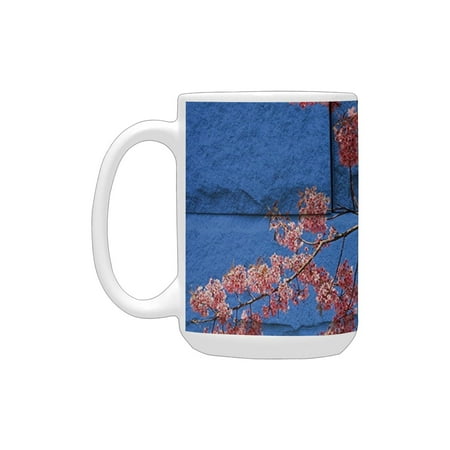 

Rustic Home Decor Thai Sakura Blossom Mural Branch with Flowers Spring Floral Beauty Print Pink Blue Ceramic Mug (15 OZ) (Made In USA)