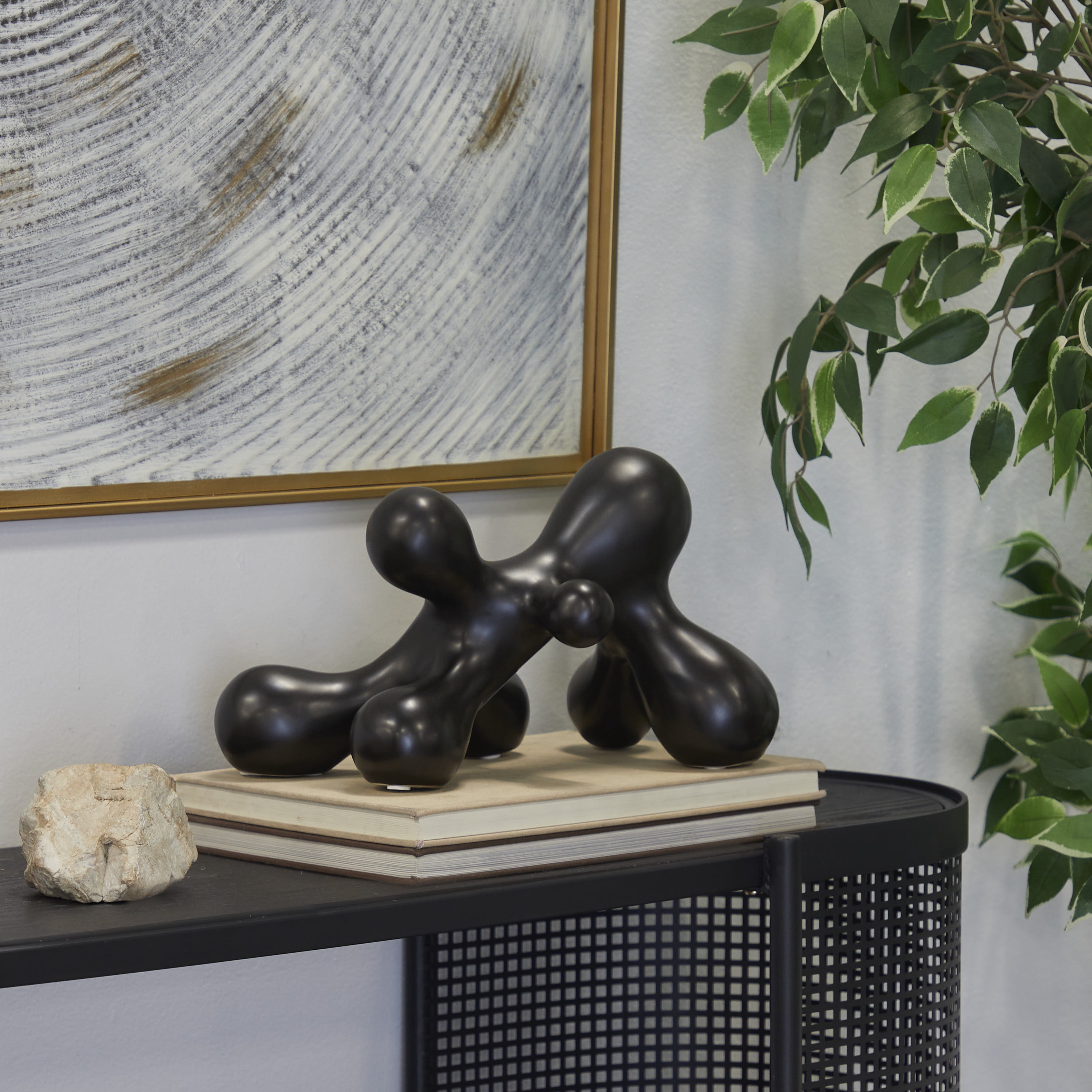 13" x 7" Black Porcelain Molecule Abstract Sculpture, by CosmoLiving by Cosmopolitan