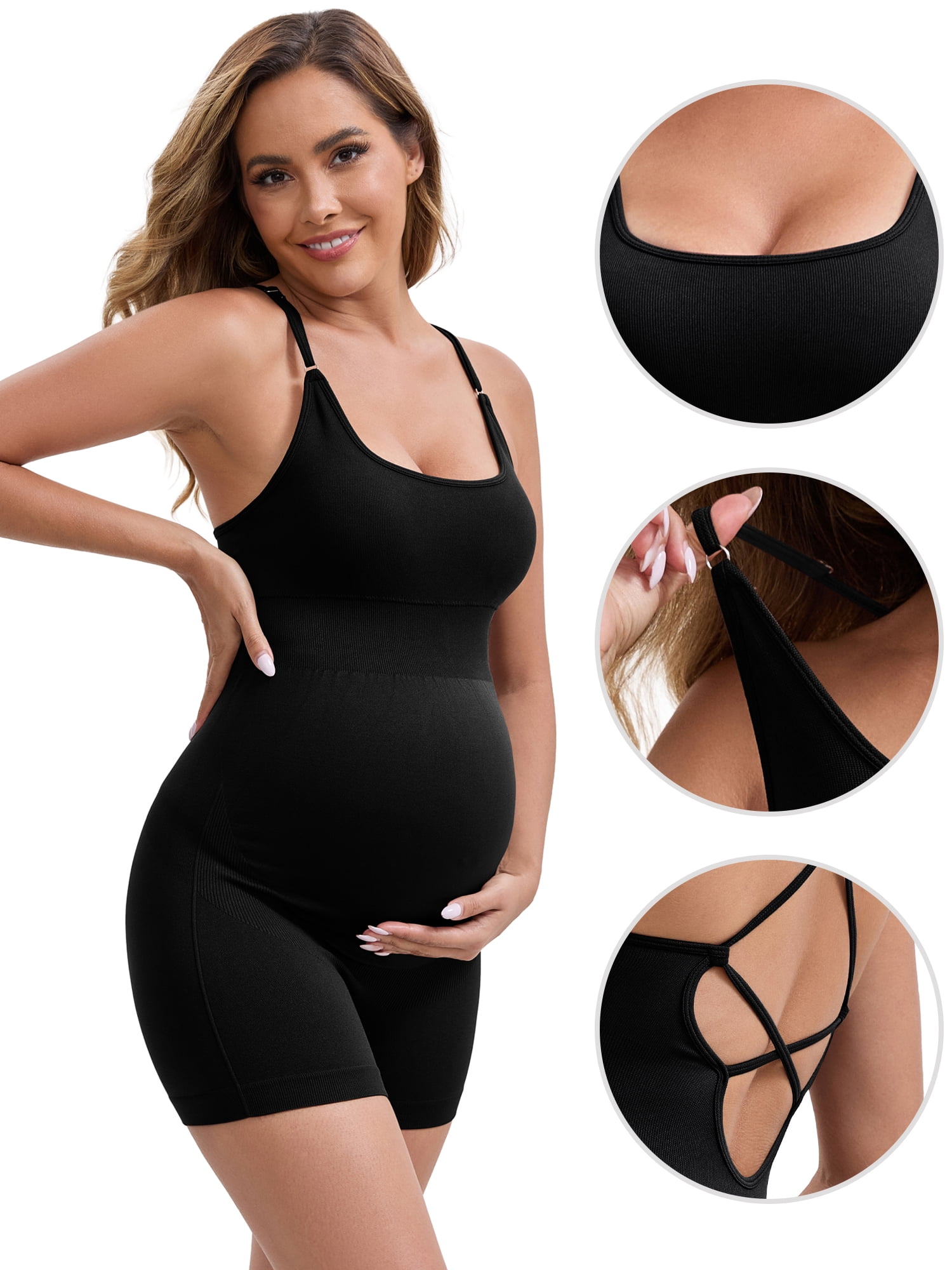 DARING DIVA Maternity Bodysuit Sleeveless U Neck Tank Top Shapewear Shorts M Black