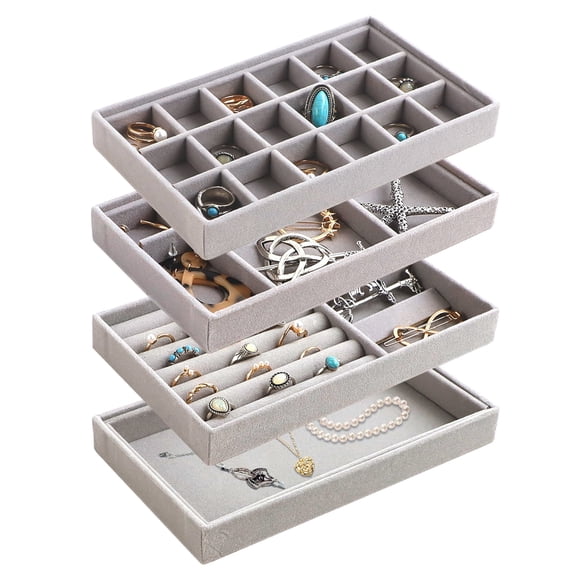 4 Pack Velvet Jewelry Trays, Drawer Insert Jewelry Organizer Earring and Ring Storage, Divided Jewelry Holder for Bracelet Display, Necklace, Brooch, Watch