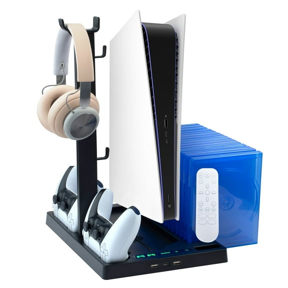 For PS5 Stand and Cooling Station with Dual Controller Charging Dock Charger, Cooling Fan, Headphone Holder, Video Game Storage, USB Hub