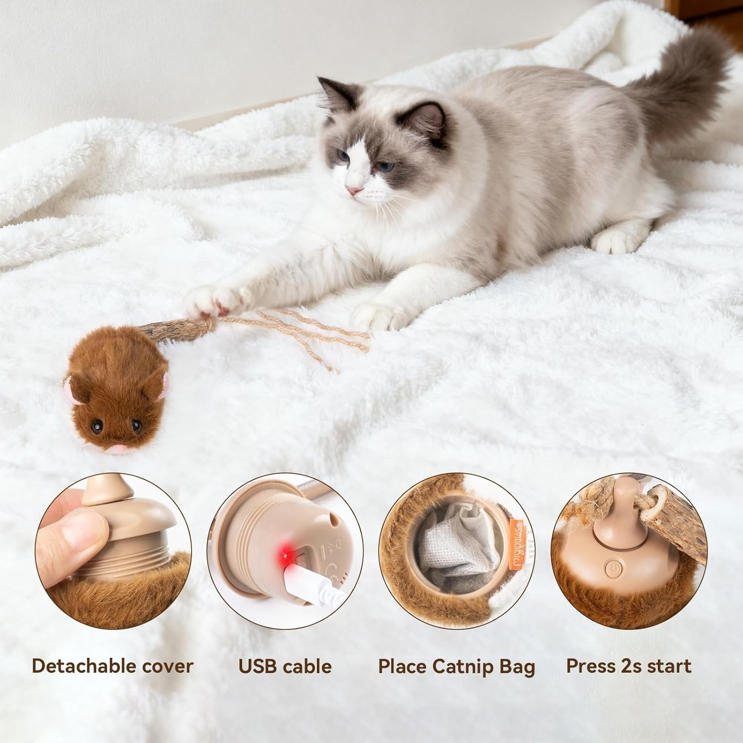 Interactive MigiMouse   360? Rolling & Spin with Wiggling Tail for Indoor Cats  Motion Sensor, Realistic Squeak, Rechargeable Plush Kitten  (Brown)