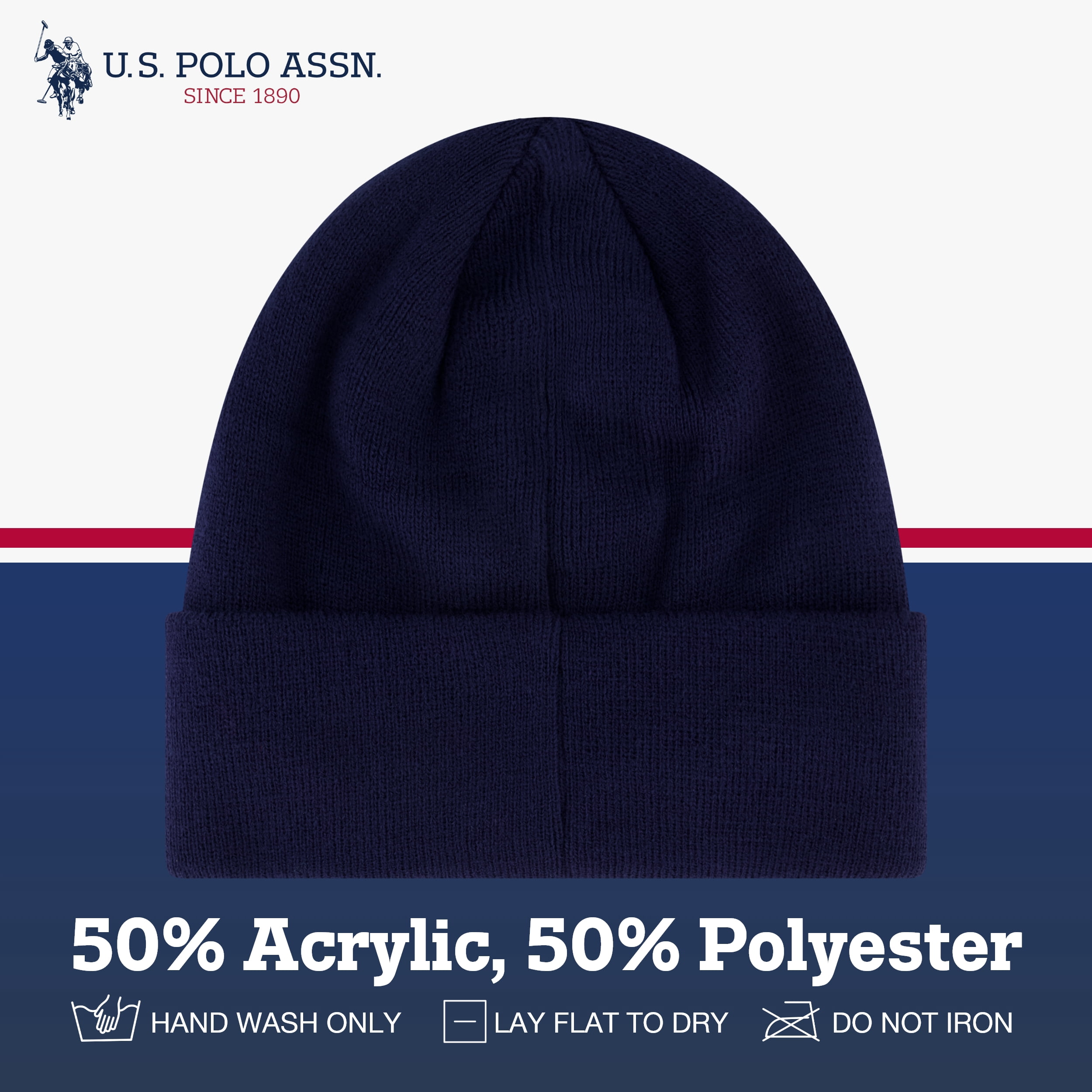 U.S. Polo Assn. Men's Fleece-Lined Acrylic Beanie with Sherpa Lining, Navy Cap, Red DHM Logo, OSFM