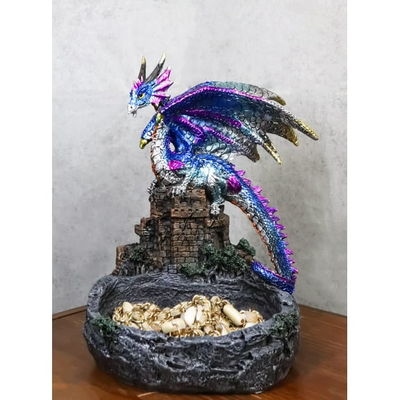 Purple Blue Dragon Perching On Stonewall Castle Ashtray Jewelry Dish Figurine