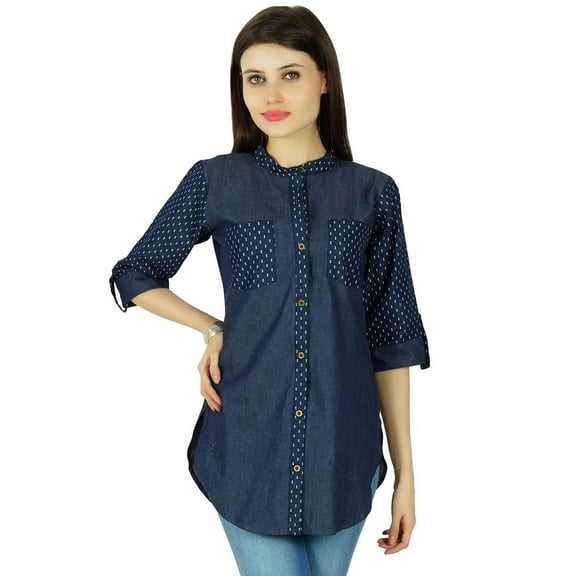 Bimba Women 3/4 Sleeve Chambrey Tunic Shirt With Split Sides Casula Blue Shirts