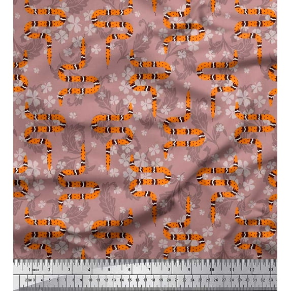 Soimoi Pink Silk Fabric Leaves,White Floral & Snake Reptile Decor Fabric Printed BTY 42 Inch Wide