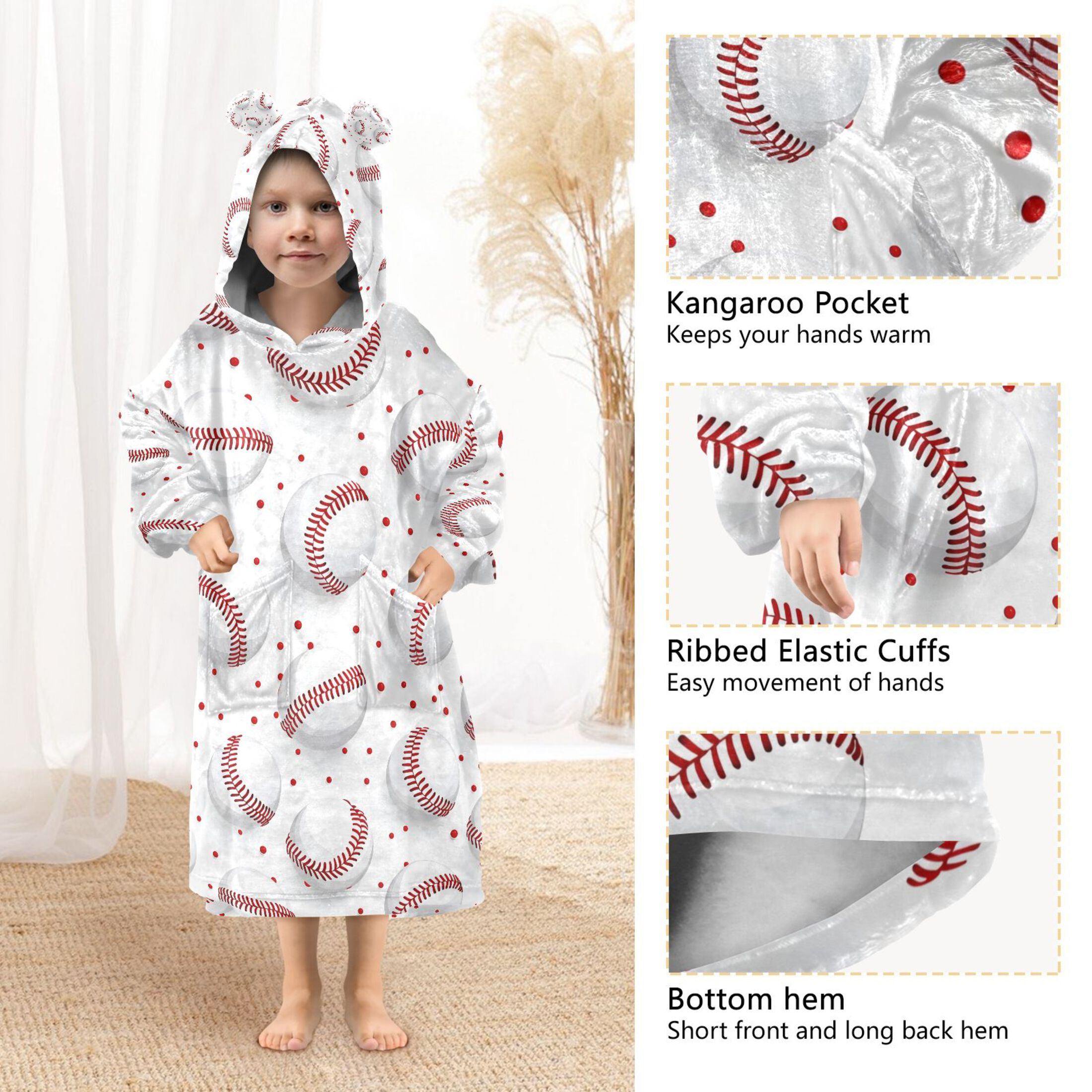 joogoo Blanket Hoodie for Baseball on White Oversize Sweatshirt 3-14 YR L