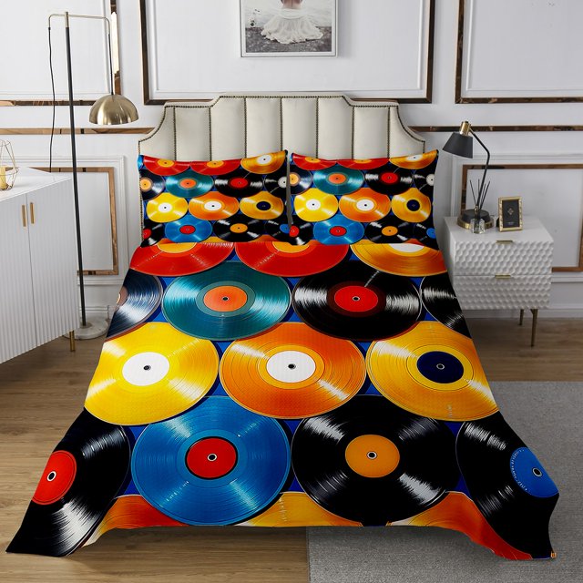 Erosebridal 80s Music Theme Coverlet Set Twin, Rainbow Vinyl Record Bedding Set 2pcs