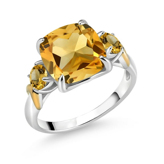 Gem Stone King 925 Silver and 10K Yellow Gold Yellow Citrine 3 Stone Ring for Women (4.11 Cttw, Gemstone November Birthstone, Cushion 10MM, Round 4MM, Size 8)