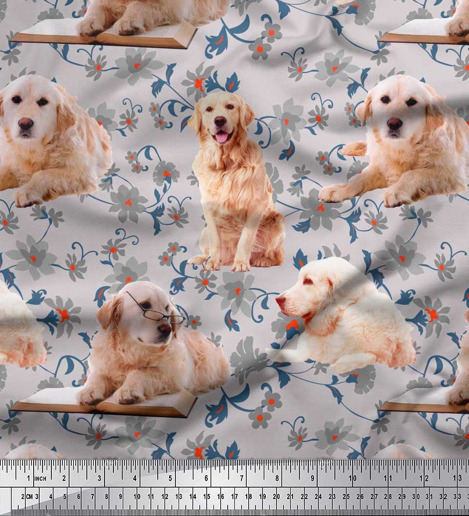 Soimoi Cotton Cambric Fabric Floral,Book & Golden Retriever Dog Print