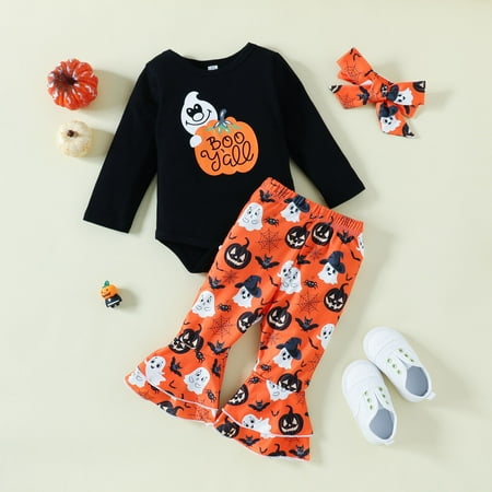 

Yiwula Halloween Infant Girls Halloween Long Sleeve Romper Bodysuits Cartoon Prints Flare Pants Headbands Newborn Outfits