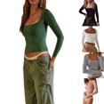 thumbnail image 4 of Fortune Femmes Col Carré Manches Longues Basique Slim Fit T-Shirts Solide Crop Top, 4 of 4