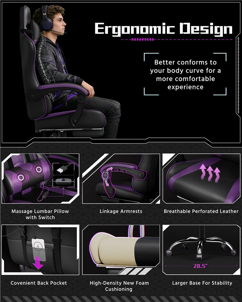 Yaheetech High Back Ergonomic Gaming Chair with Footrest, Massage Lumbar Pillow, Black/Purple