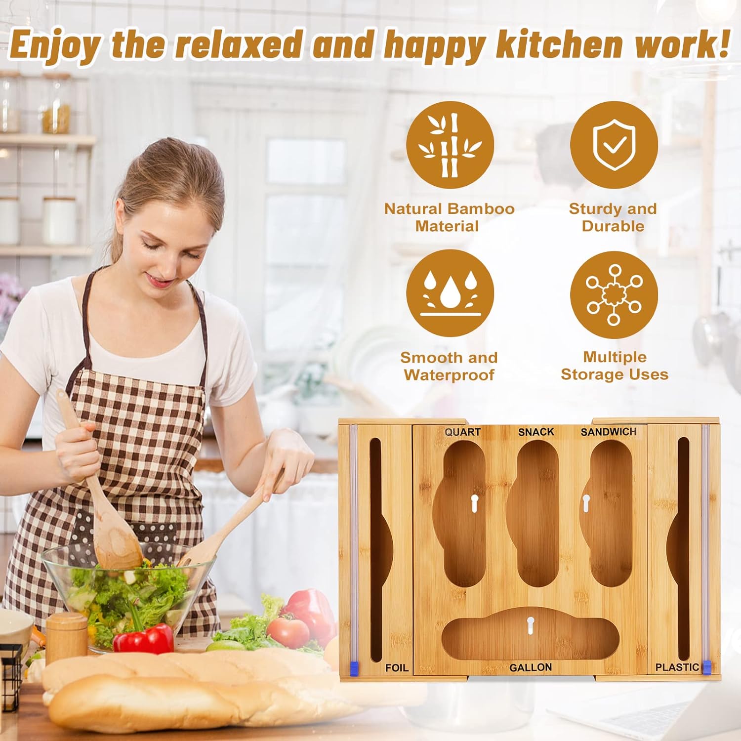 Bamboo Ziplock Bag Storage Organizer for Kitchen Drawer, Foil and Plastic Wrap Dispenser with Cutter, Food Plastic Baggie Holder for Gallon, Quart, Sandwich, Snack, Fit for Wall Hanging
