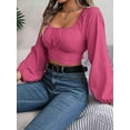 thumbnail image 3 of Women'S Ruched Wrap Square Neck Flounce Long Sleeve Self Tie Crop Top Blouse Rose Red M, 3 of 8