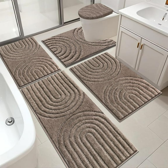 HEBE Bathroom Rugs Set 5 Piece, Plush Absorbent Bath Mats for Bathroom, Non Slip Machine Washable Bath Mat Set with Toilet Cover, Bath Runner and U-Shaped Contour Toilet Rug, Coffee