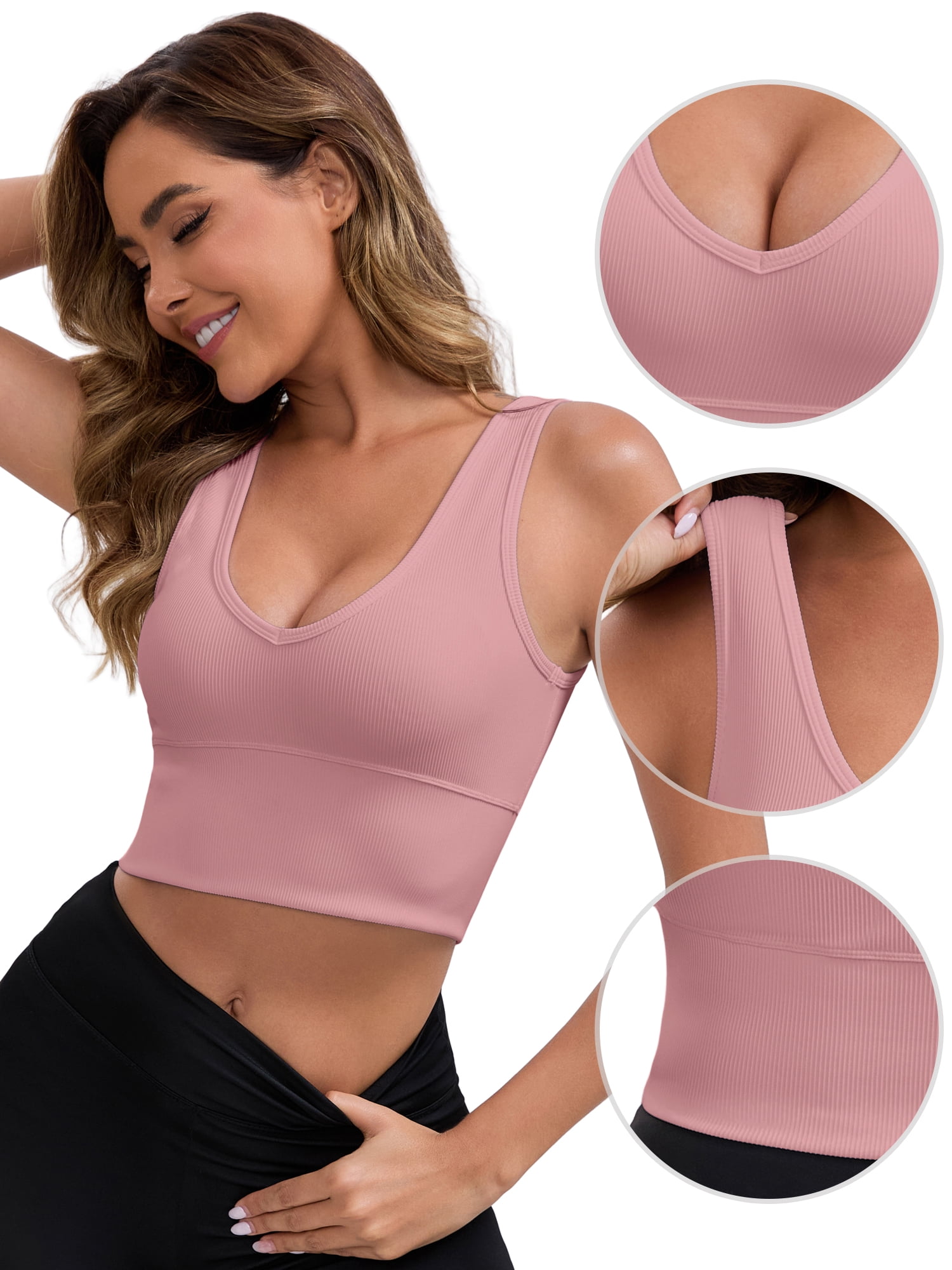 DARING DIVA Ribbed Sports Longline Push Up Crop Wide Strap Bras L Pink