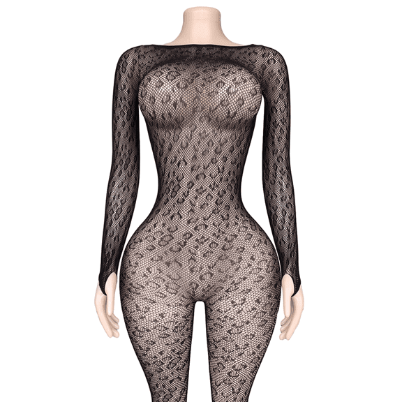 Women's Black Fishnet Bodysuit, Long Sleeve One-Piece Bodystocking, Back Cutout