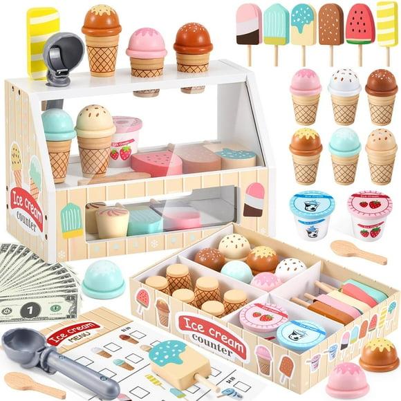 WHOHOLL Wooden Ice Cream Counter Playset for Toddler Girl Toys, 45 Pcs Play Store Pretend Toy Food Play Kitchen Accessories with Scoop & Fake Money, Interactive Toys Birthday Gifts fo