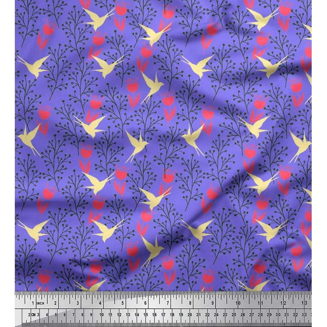 Soimoi Polyester Crepe Fabric Berries,Floral & Swallow Bird Print Sewing Fabric Yard 52 Inch Wide