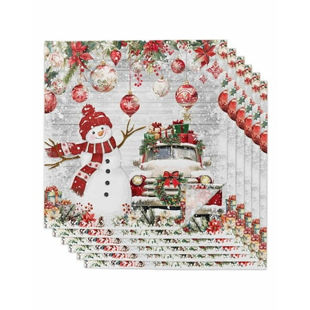 

Christmas Snowman Cloth Napkins Set of 6 Xmas Truck Poinsettia Snowflake Retro Wood Washable Reusable Dinner Cocktail Napkin for Kitchen Party Wedding Banquet Holiday Baby Shower Table Decor