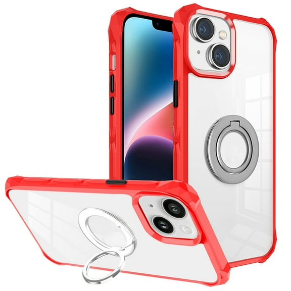 Crystal Clear Case Compatible with iPhone 14 Pro Max with Ring Kickstand Transparent Soft Slim Fit Bumper Case-Red