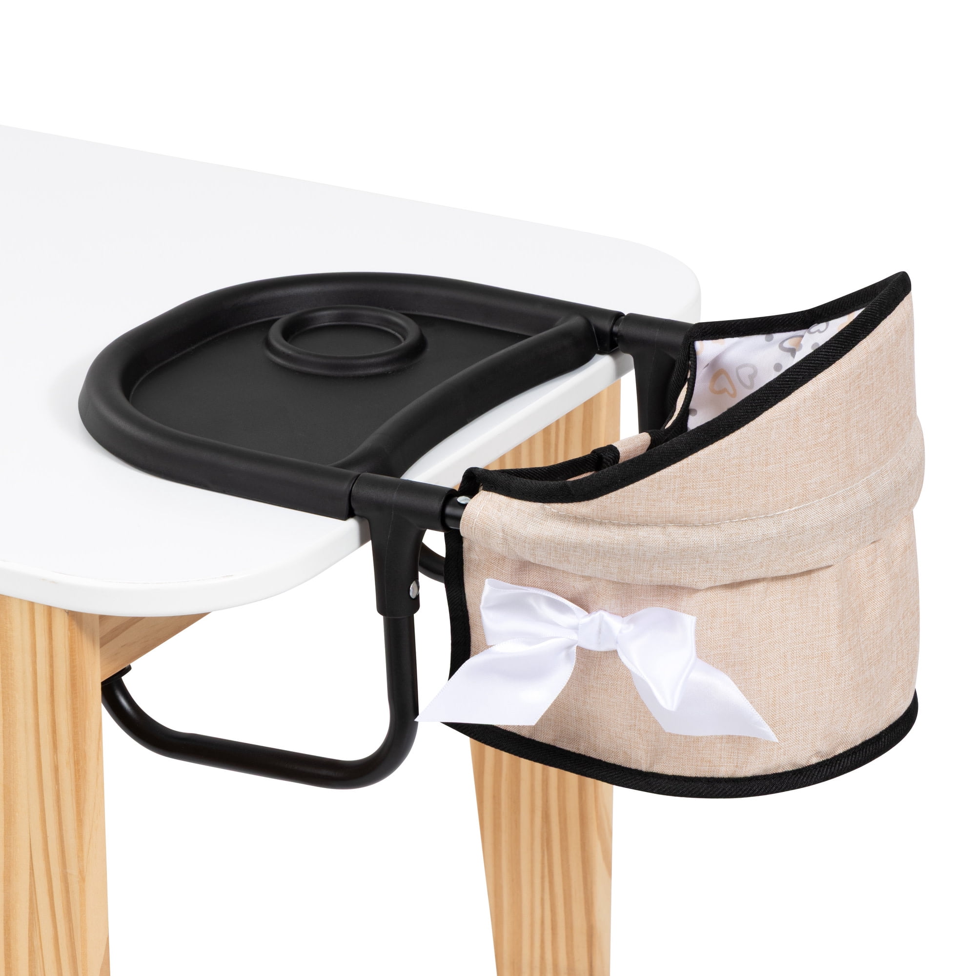 Bayer Design: Doll Table Seat - Beige-Black-Hearts - Attach To Table, Dining Tray, Play Feeding Center, Foldable, Toy Accessory Fits 18" Dolls, Kid 3+