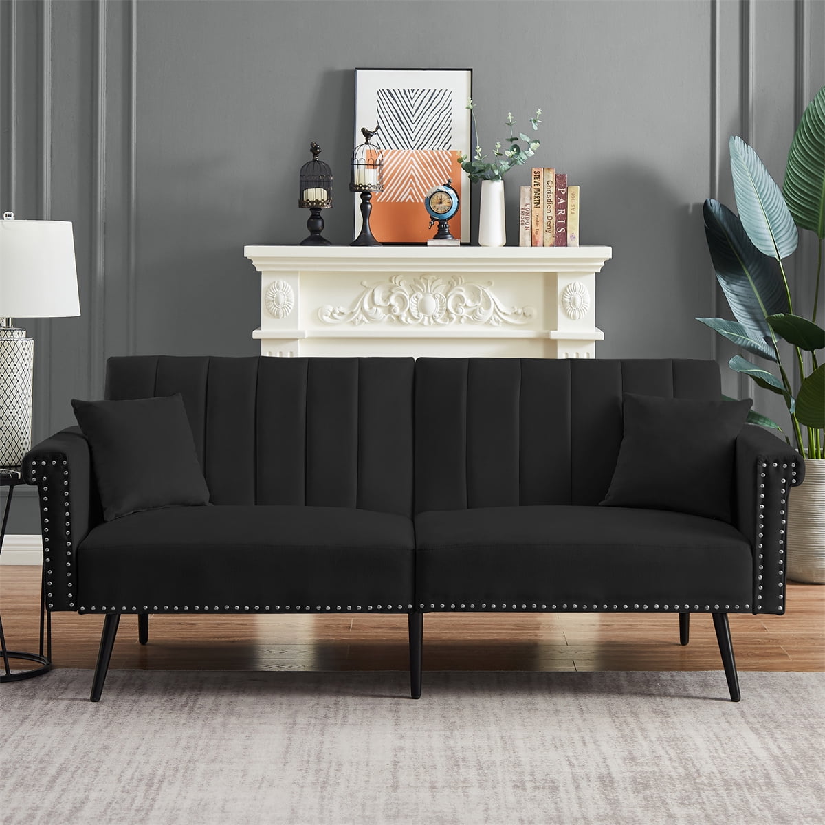 Velvet Loveseat Sofa Bed, Modern Futon Sofa Bed with Metal Legs, Convertible Sleeper Bed