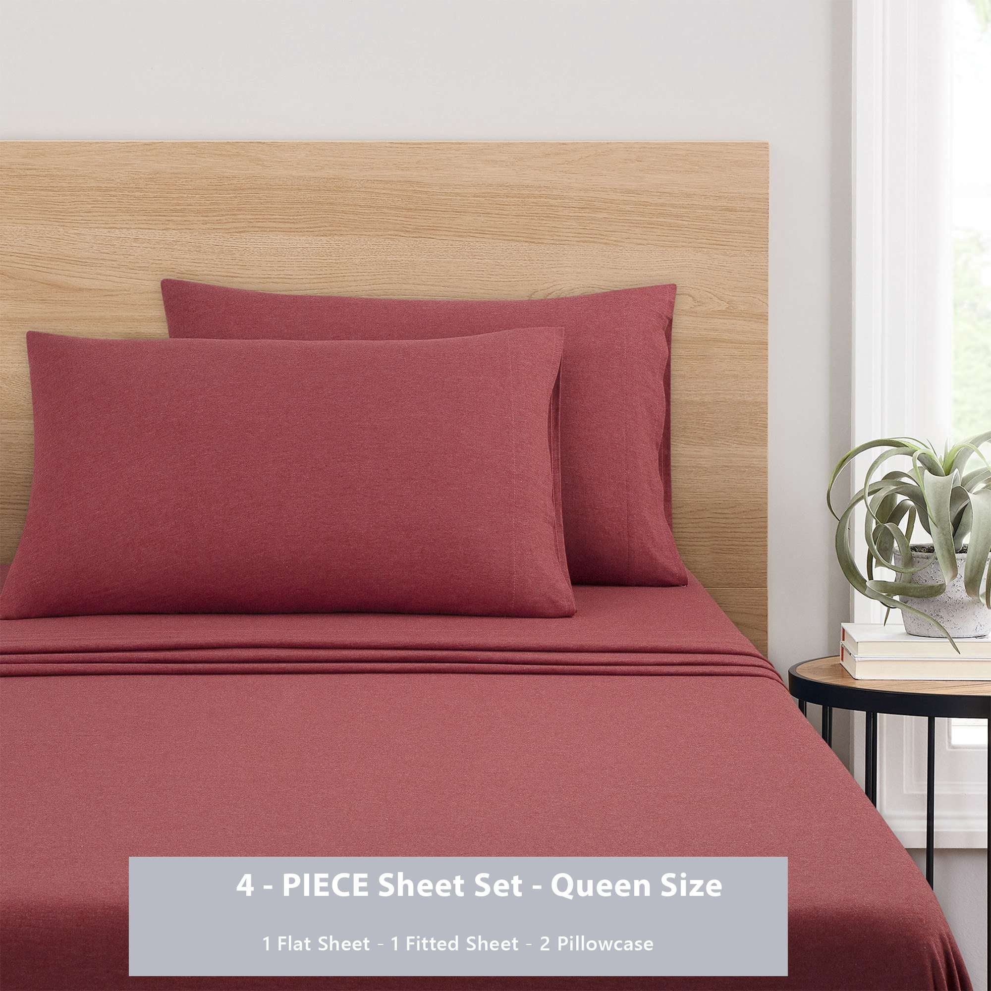 Mainstays Cotton Rich Extra Soft Jersey Bed Sheet Set, Queen, Red Sedona, 4 Pieces