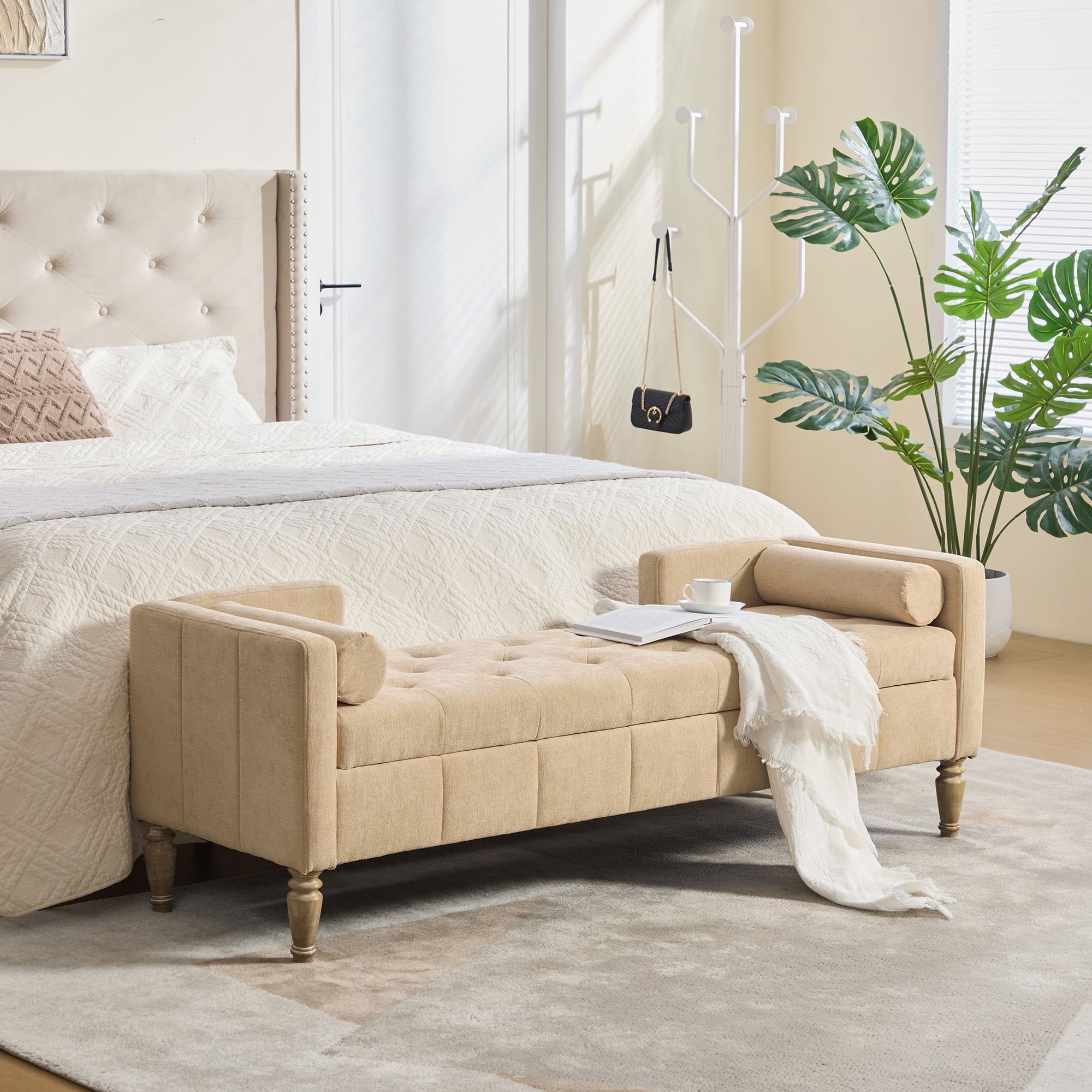 64.6"W Upholstered Chenille Flip-top Storage End of Bed Bench, Tufted Accent Footrest with Armrests&Backrest&2 Bolsters Whitewashed Rubberwood Legs for Living Room, Hallway, Entryway Bedroom