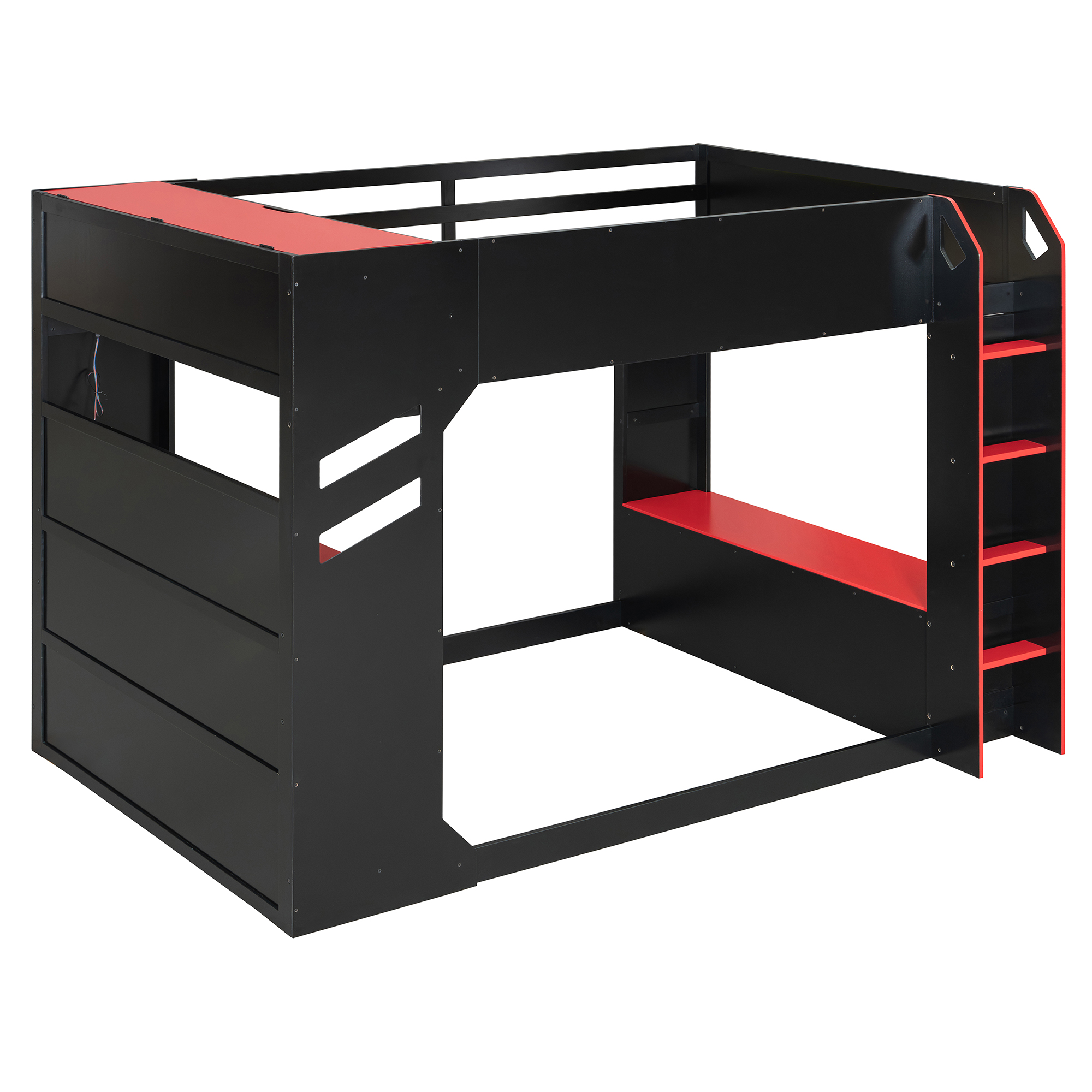 Aukfa Full Size Gamer Loft Bed with Adjustable Desk, RGB LED Lights, Drawers, Charging Station, Storage Compartments & Clothes Hanging Rod, Wooden Esports Bed, Red