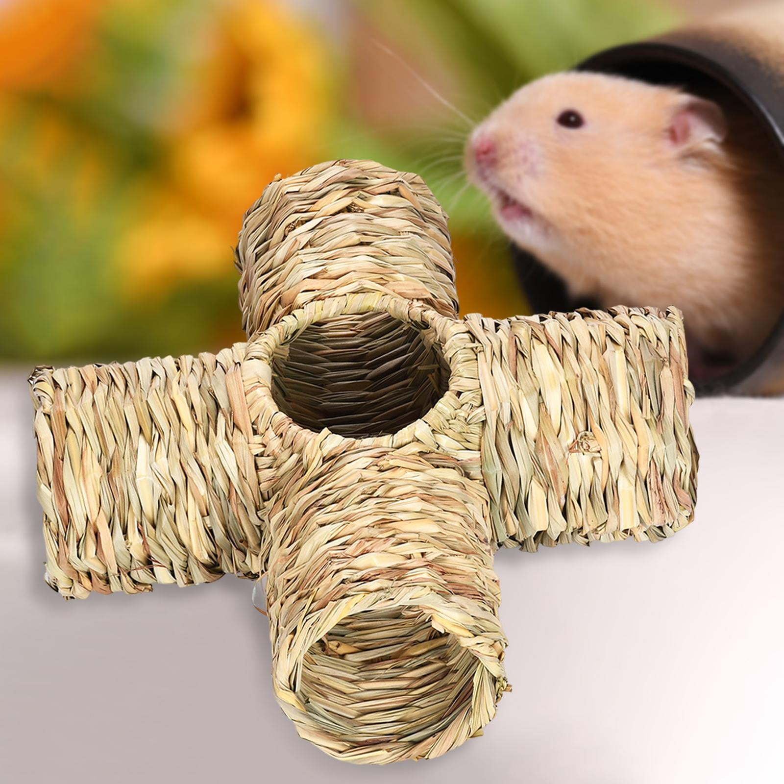 Hamster Grass Tunnel Straw House Hideaway Nest Bunny Toy Lightweight Interactive Toy Rabbit Tunnel Tube for Mice Chinchilla Gerbils Squirrel Four Ports