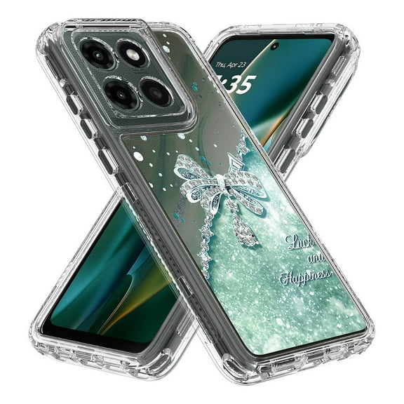 Rosebono Compatible With Motorola Moto G 2025 Sparkle Rhinestone Diamond Colorful Butterfly Graphics Design 3-Layer Hybrid Armor Cover Case (Teal)