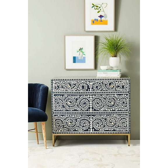 Bone Inlay Foliage Spiral 3 Drawer Dresser Indigo