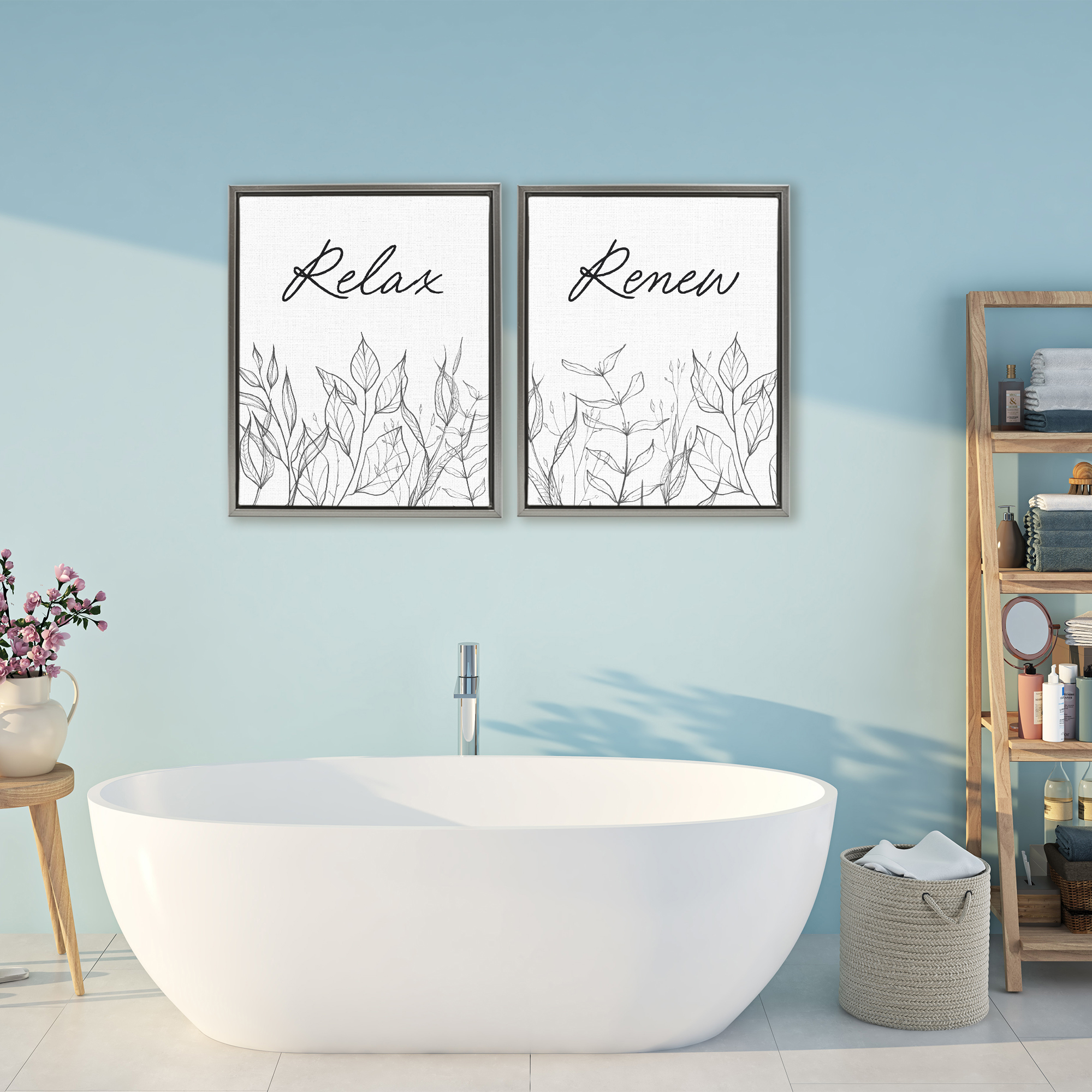 Relax and Renew Leaf Outlines 2 Piece Gray Framed Floater Canvas Set, design by Lettered and Lined