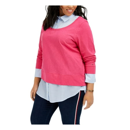 TOMMY HILFIGER Womens Pink Long Sleeve Collared Blouse Plus 2X