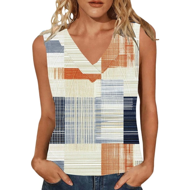 Mujeres sin mangas Tops verano V cuello rayado no posicionamiento impresión capa base blusa casual
