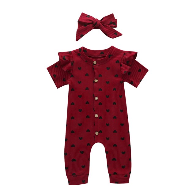 Gibobby Mono Ajustado de Verano con volantes y corazones de día, mono con estampado de San Valentín para niñas pequeñas y bebés, mono con diademas y mono para niñas(Rojo, 12-18 Meses)