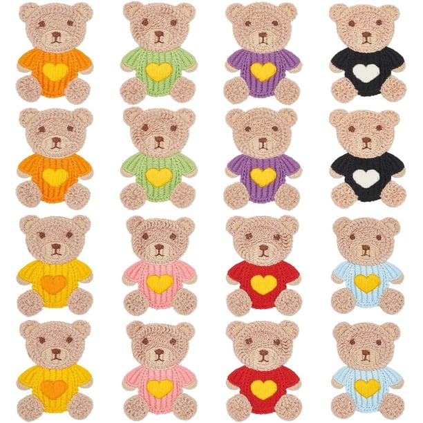 16 parches de tela de punto de ganchillo con forma de osito, 8 colores, para coser o reparar.