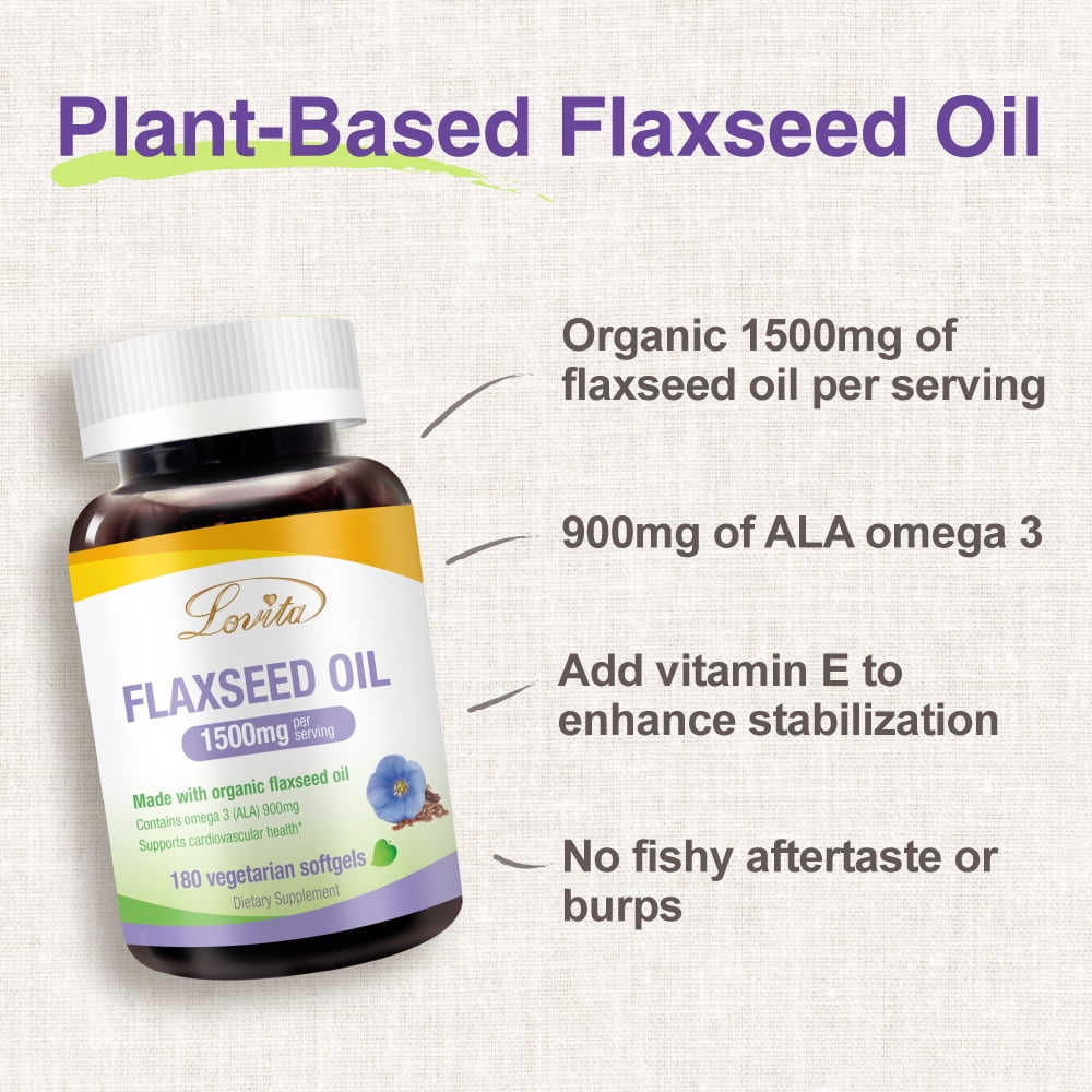LOVITA 100% Vegan Cold-Pressed Flaxseed Oil: 1500mg with 900mg ALA Omega-3 per Serving. Organic. 180 Softgels.