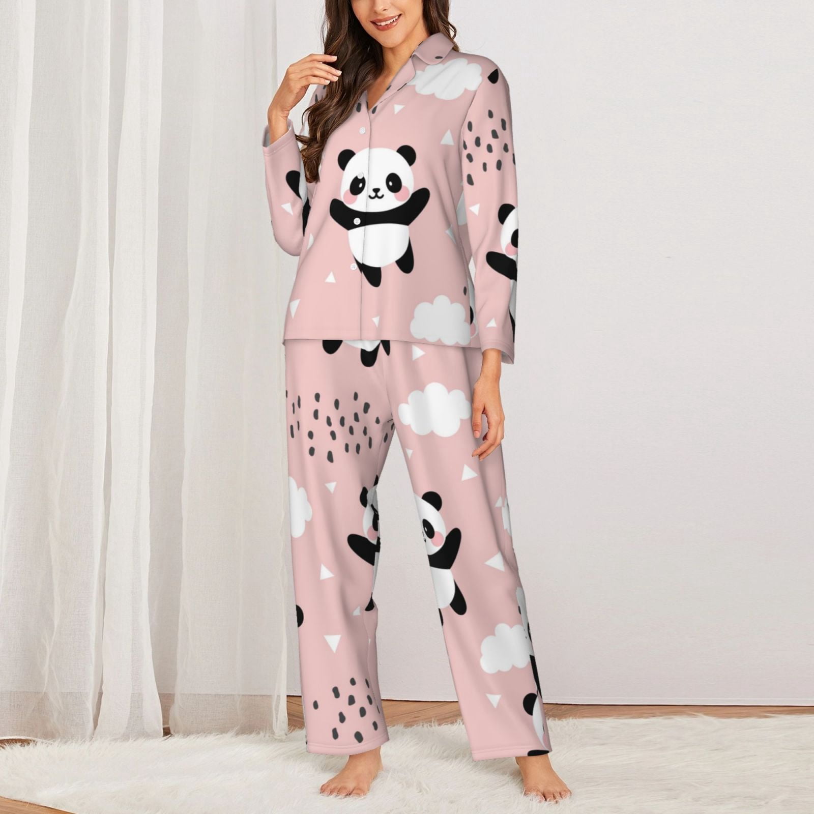 YIJIU Women's Summer Pajama Set – Cute Panda Print Top & Pants, Soft Polyester/Spandex (Grey, Large) 10 thumbnail image