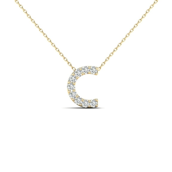 0.09 Carat Natural White Diamond Initial "C" Pendant Necklace In 14K Yellow and White Gold with 18" Gold Cable Chain|Silver Chain
