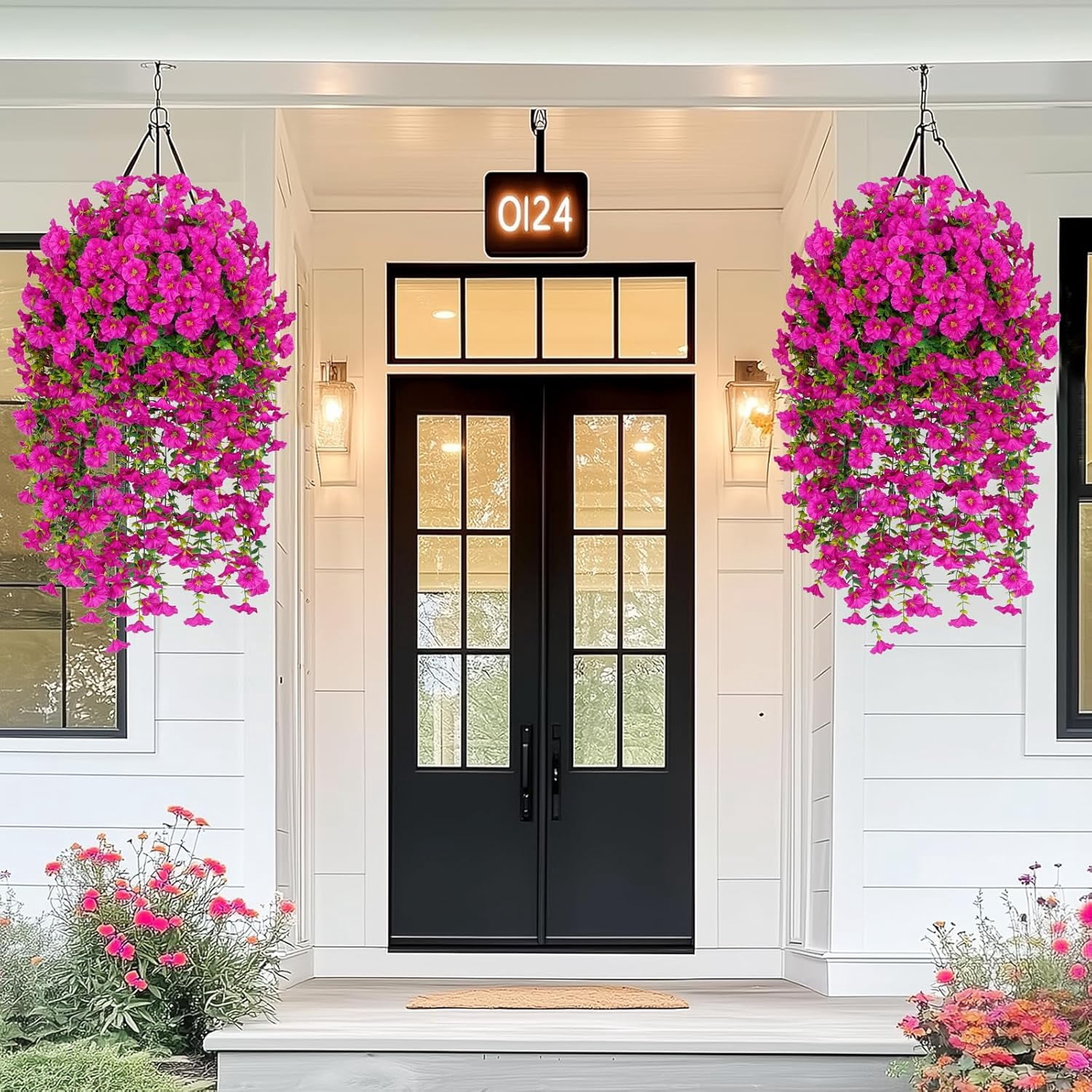 4Pack UV Resistant Artificial Hanging Petunias, 29.9in Fake Flowers for Outdoor Patio Garden Decor