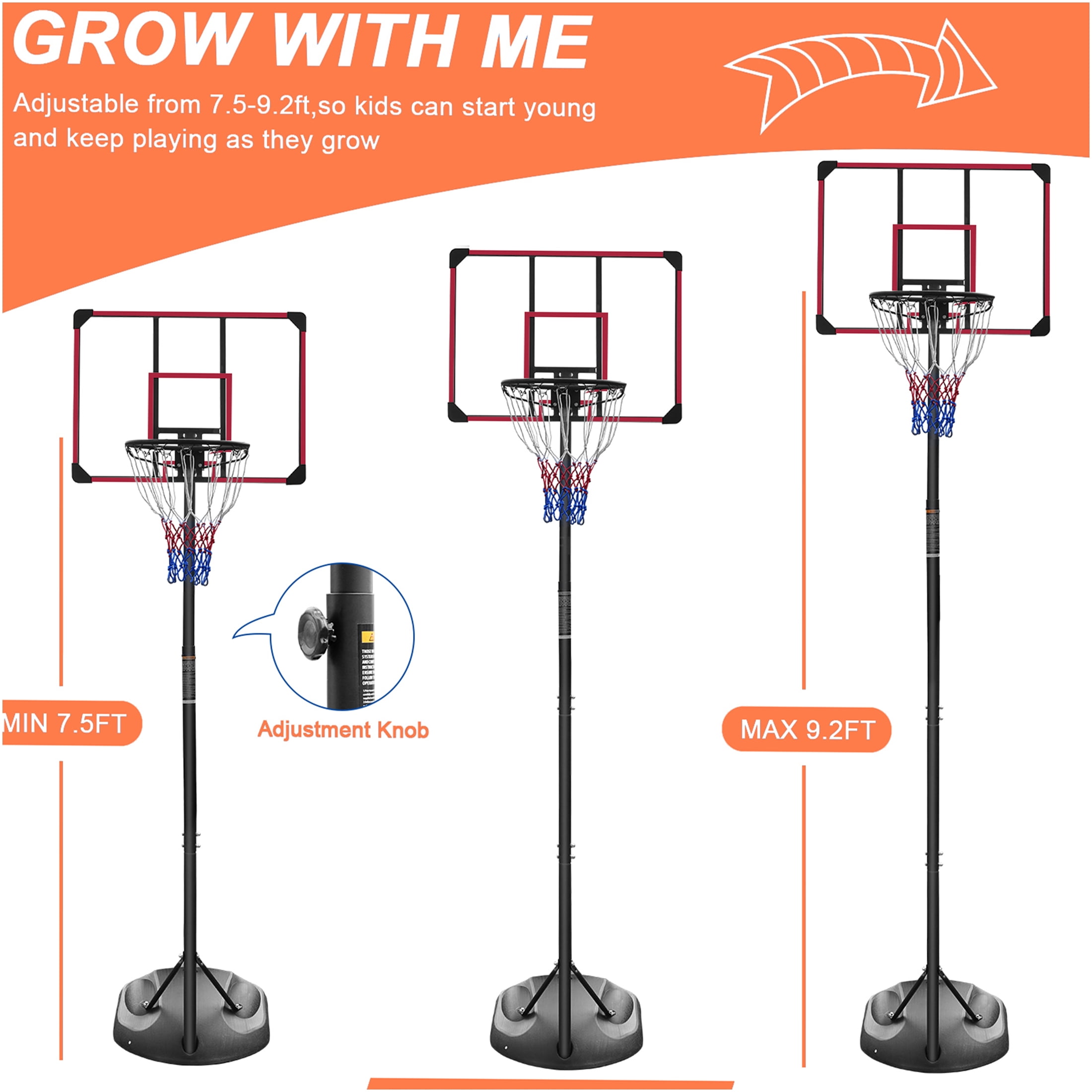 JERFIT Portable Basketball Hoop Stand with Wheels, Height Adjustable 7.5-9.2ft, 32" Backboard for Indoor Outdoor Youth & Adults
